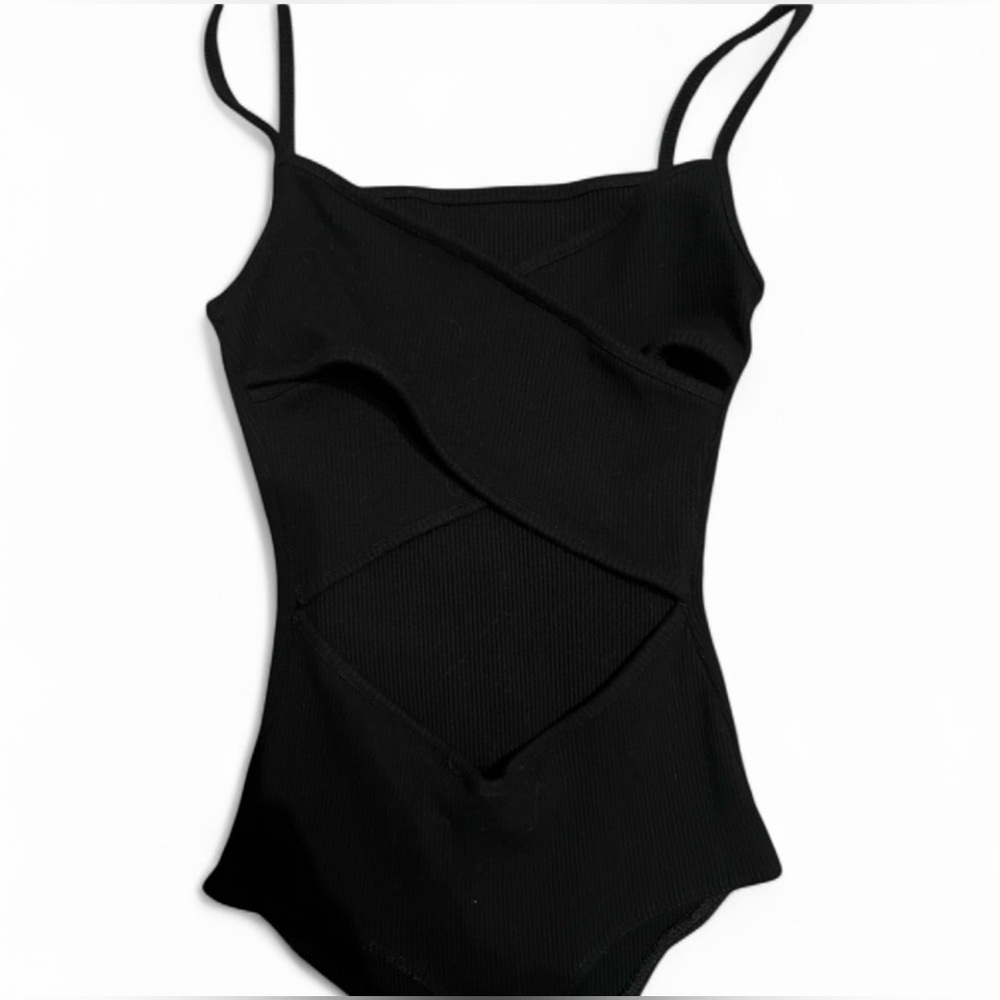 Lulus Ribbed Crisscross Back Square Neck Black Bodysuit - Picture 3 of 3